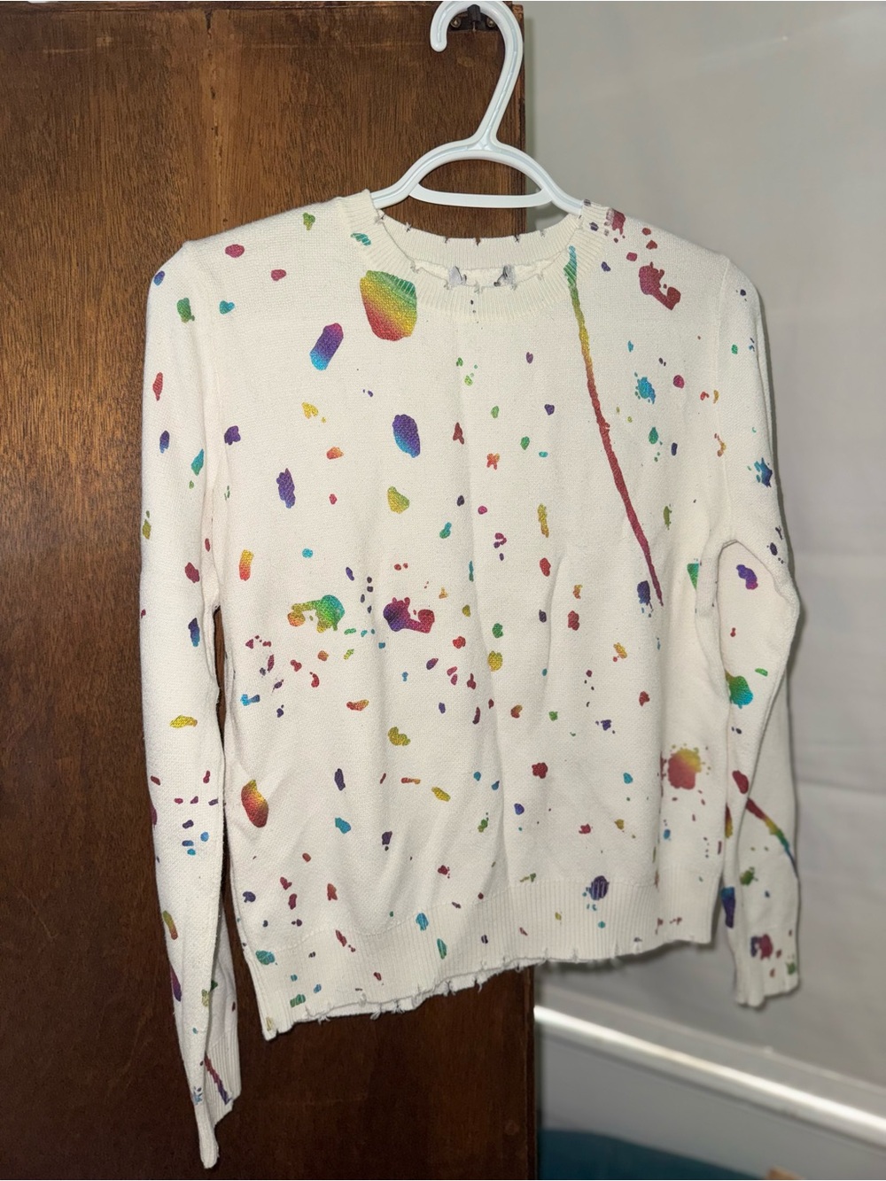 White Rainbow Paint-Splatter Crewneck Sweater